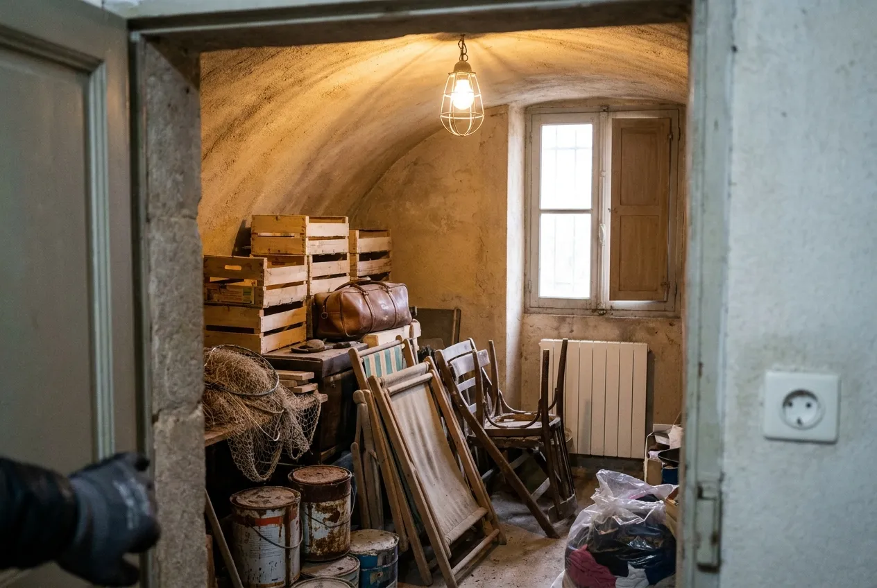 Cave d'immeuble au Panier, remplie du sol au plafond, avant le débarras