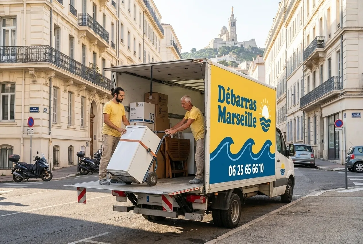 Chargement du camion de Débarras Marseille dans une rue de Marseille