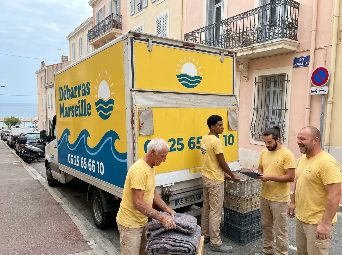 Les quatre salariés de Débarras Marseille à côté de leur camion