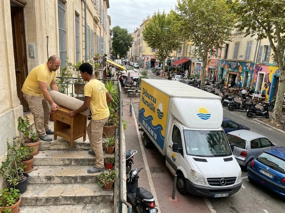Une commode chargée sur le hayon du camion de Débarras Marseille